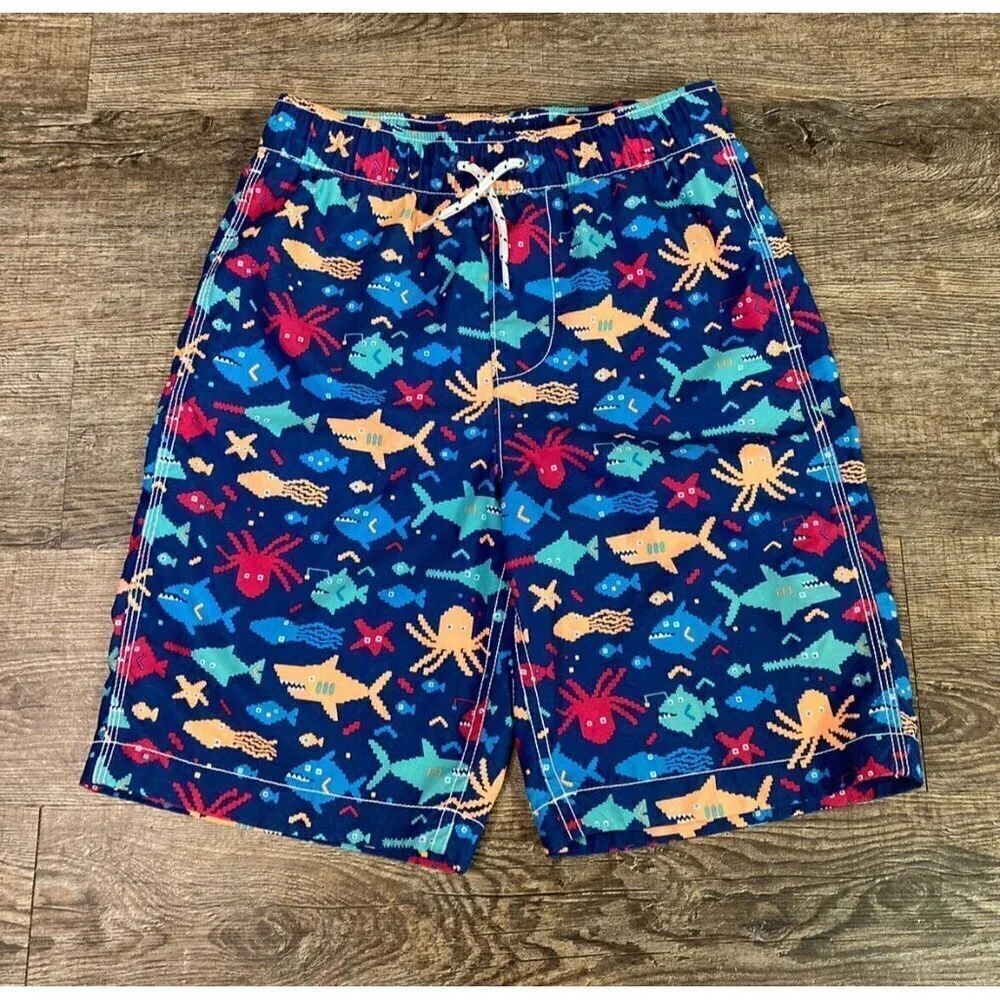 Gap Surf Kids Pixelated Ocean Life Swim Trunks Shorts Deep Cobalt Boys Size L